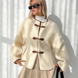 Princess Polly Cream Teddy Toggle Jacket with Brown Trim